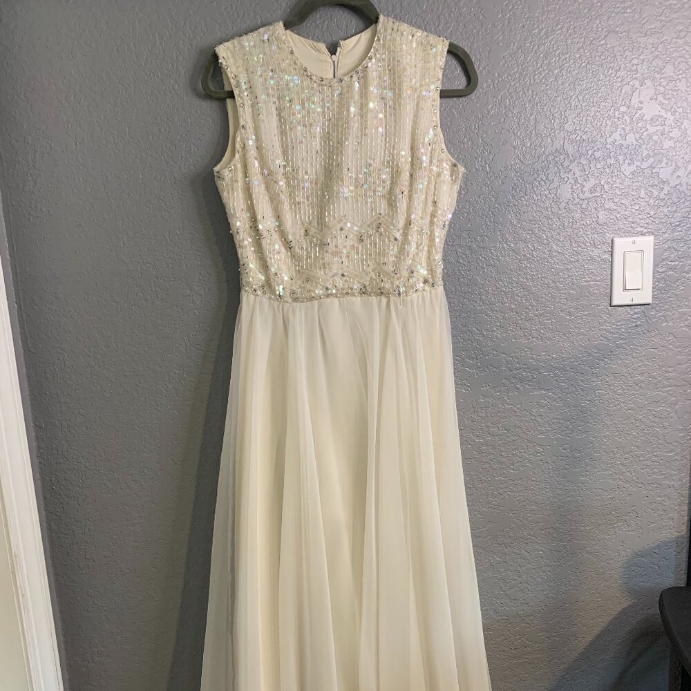1970s Vintage Jack Bryan Cream Chiffon & Sequin Maxi Party Dress READ - Picture 1 of 12